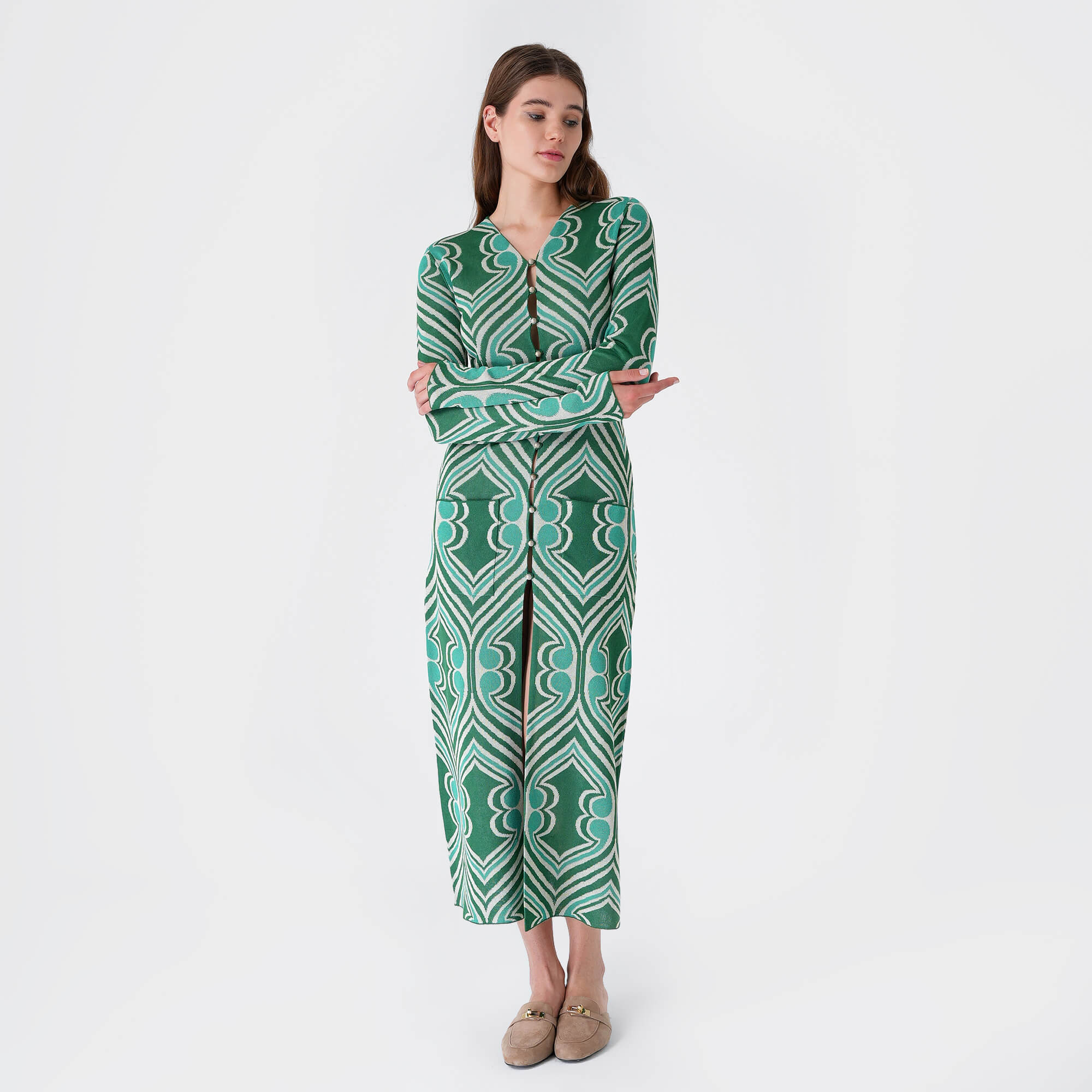 Etro - Green&White Viscose Knitted Kaftan Dress